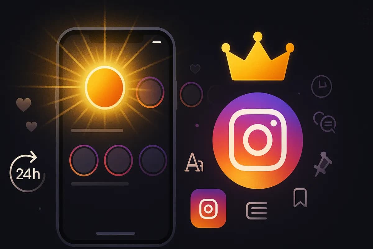 Instagram Plus abonnement 3,99 $/måned lanceret den 4. juni 2026 — Story Spotlight med premium gylden aura, story 48 t, rewatch insights, anonym visning, redaktionelt mørkt design med Instagram-gradient og premium guldaccenter
