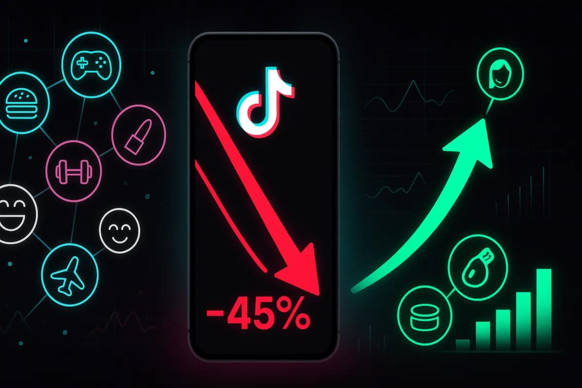 TikTok krydsniche-straf -45 %: visualisering af rækkeviddefaldet for multi-emne-konti vs vækst hos mono-niche-konti, TikTok-palette sort/cyan/magenta med alarmrøde og vækstgrønne accenter