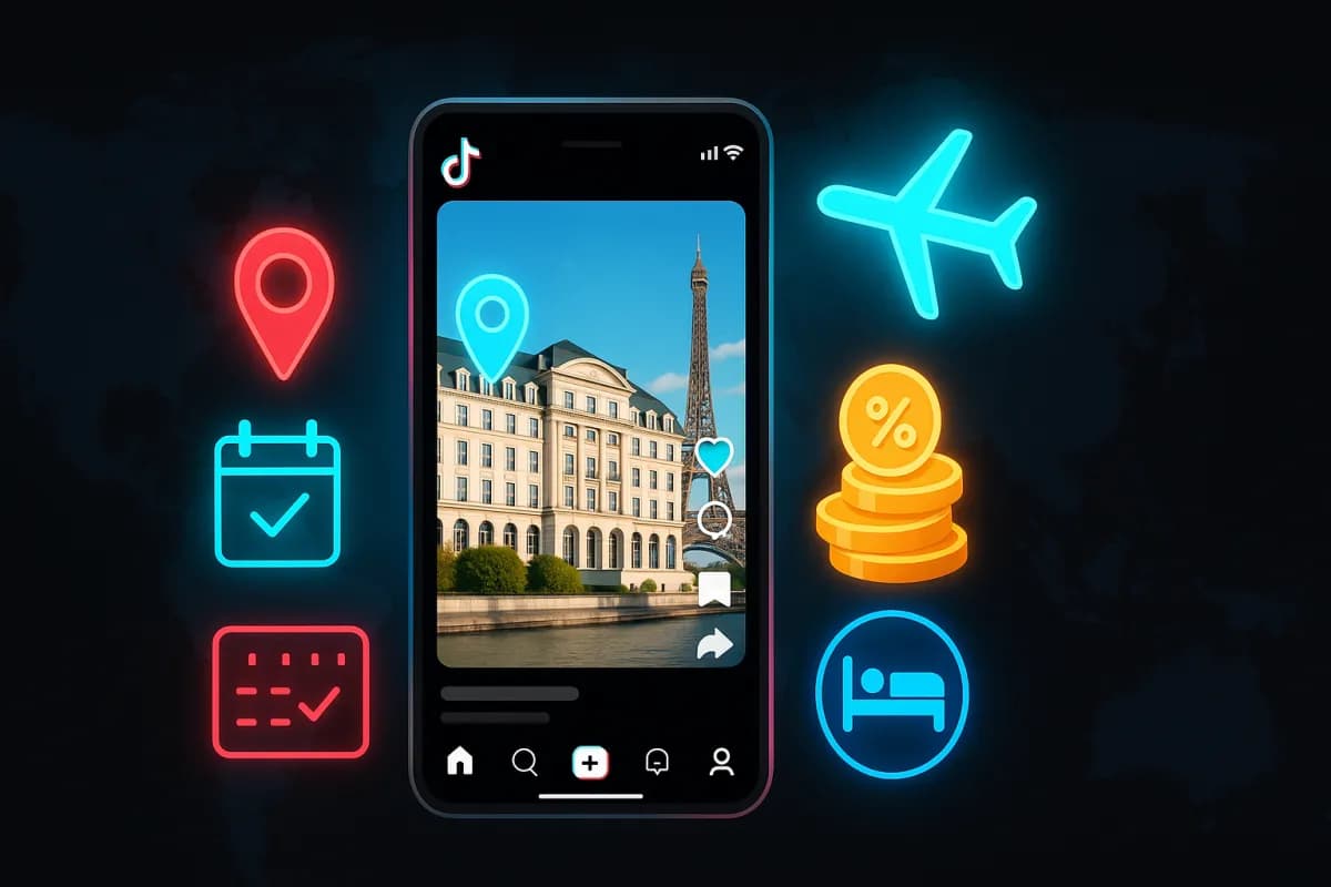 TikTok GO rejse-affiliateprogram 2026 — TikTok-Reel med tags for hoteller, billetter, aktiviteter og kommissioner Booking/Expedia/Viator/GetYourGuide, sort/cyan/magenta-palette med guldaccenter til monetisering