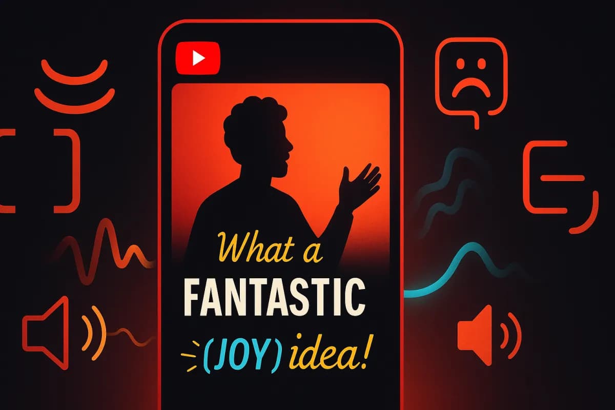 YouTube Expressive Captions AI — emotionelle undertekster med tags [joy] [sadness] [sarcasm], versaler til skrig, strækninger til betoning, soundscape-annoteringer, redaktionelt mørkt design med YouTube-røde accenter og cyan/gul AI