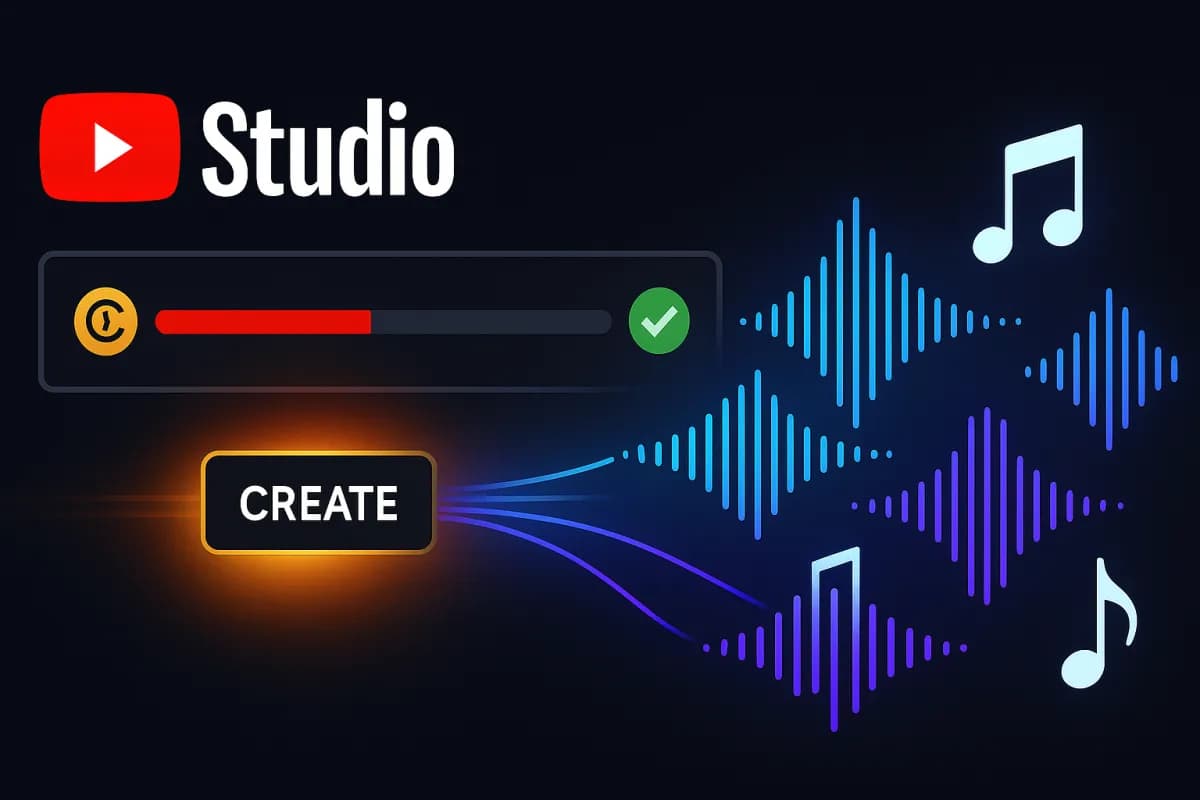 YouTube Replace Song AI — Create-knap i YouTube Studio, der genererer 4 royalty-free instrumentaler til at løse et Content ID-krav, redaktionelt dark design med røde YouTube-accenter og cyan/lilla AI-toner